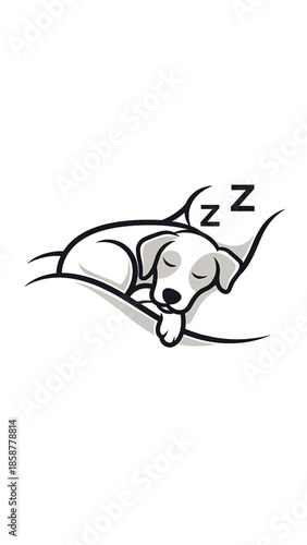 A charming cartoon illustration shows a white and gray puppy dog sleeping soundly on a pillow with Zz above