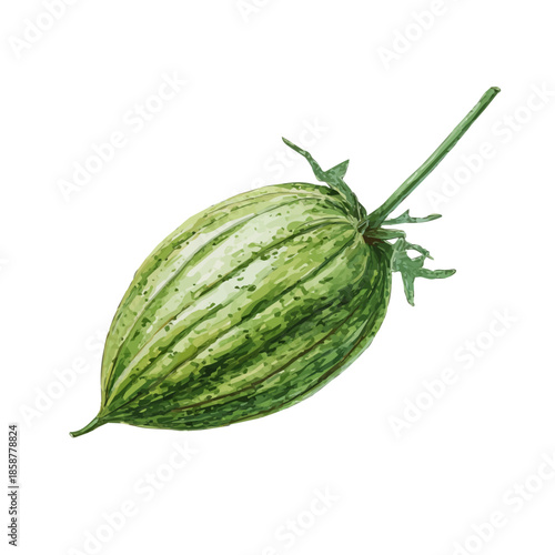 Isometric watercolor rendering of Nigella Pod, isolated on a clean white background.