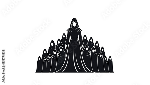 A central, hooded figure in a long robe leads a multitude of smaller, cloaked figures in a dark, mysterious formation