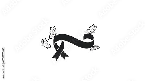 A black awareness ribbon intertwined with a flowing banner, surrounded by four delicate butterflies