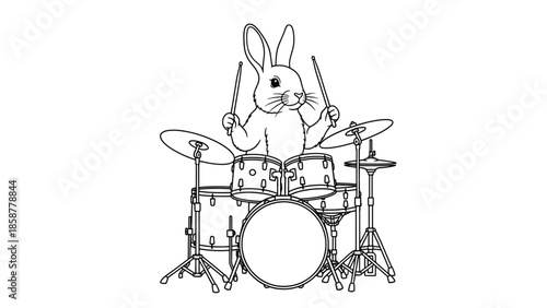 A black and white line art drawing of a cute rabbit playing a full drum set with drumsticks