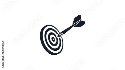 A black dart perfectly hits the bullseye of a target, set against a clean white background