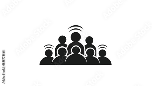 A black icon of a group of people, with two figures emitting sound waves, on a white background