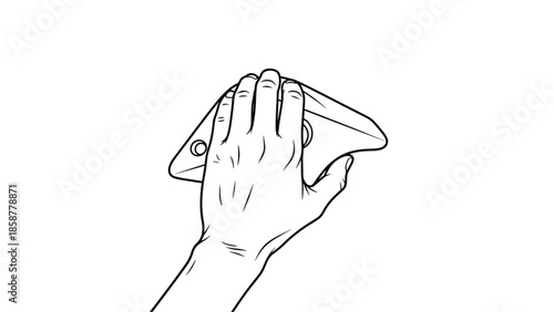 A black outline illustration of a human hand firmly holding a triangular-shaped object or tool