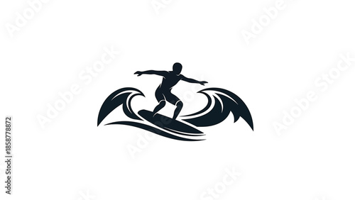 A black silhouette of a surfer riding a wave on a surfboard, depicting an active ocean lifestyle