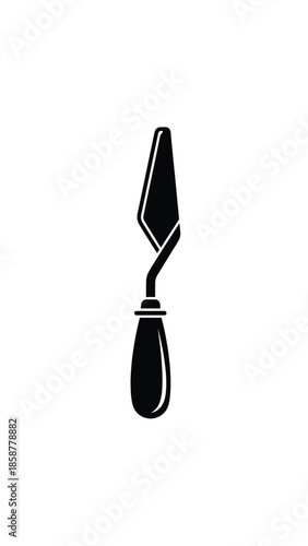 A black silhouette of an artist's palette knife with a pointed blade and ergonomic handle on white