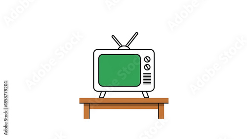 A classic television set with a green screen, rabbit ears, and control knobs, sitting on a wooden table