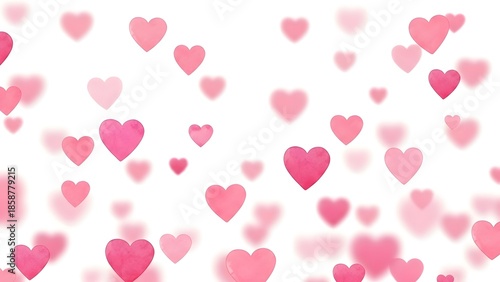 A festive background of scattered pink hearts on a white surface for valentine's day or love themed celebrations