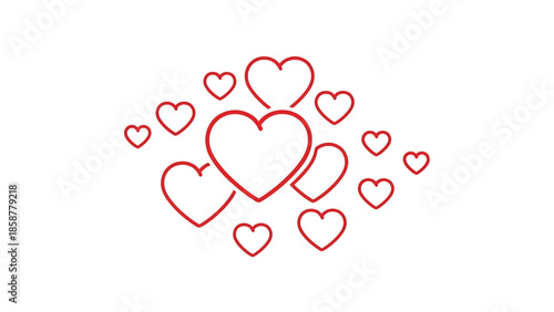 A cluster of various sized red outline hearts floats on a clean white background, conveying love