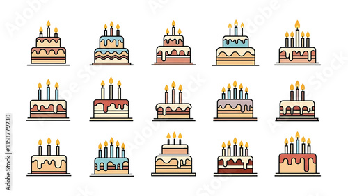A collection of colorful cartoon birthday cakes, each with lit candles, arranged in a grid