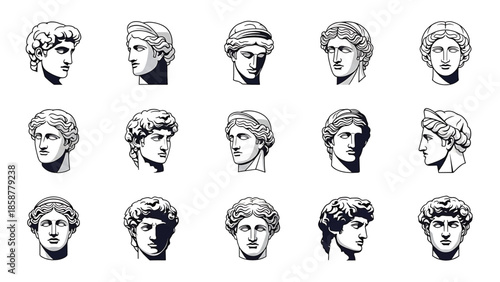 A collection of stylized black and white ancient busts, depicting male and female heads from various angles