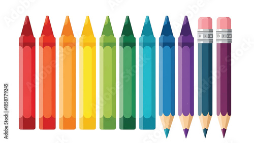 A colorful array of crayons and pencils lined up against a white background, representing art and education