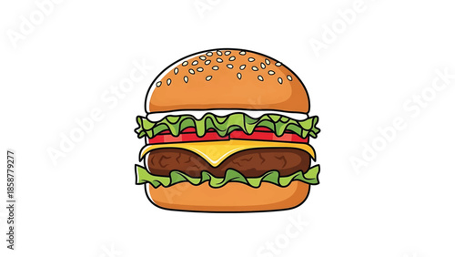 A colorful, cartoon-style hamburger illustration with a sesame bun, patty, cheese, lettuce, and tomato