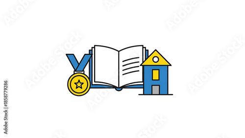 A colorful icon displaying a gold medal with a star, an open book, and a blue house with yellow roof
