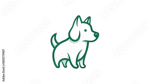 A cute, minimalist green outline illustration of a standing dog or puppy, presented in profile on a white background