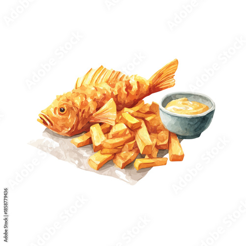 A watercolor isometric illustration of Fish And Chips, cleanly isolated on white background.