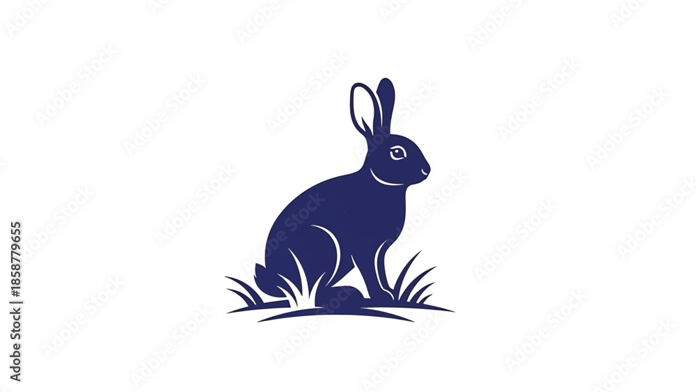 Fototapeta premium A dark blue rabbit silhouette sits in stylized grass, looking right on a clean white background