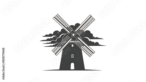 A black and white silhouette illustration of a traditional windmill with large blades and clouds