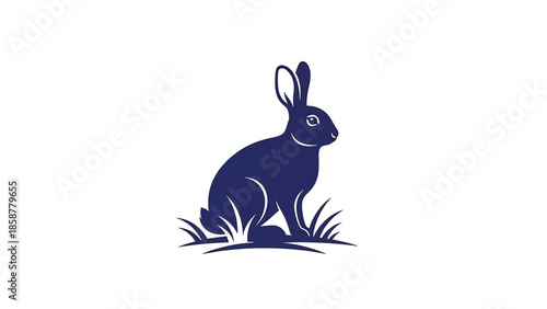 A dark blue rabbit silhouette sits in stylized grass, looking right on a clean white background