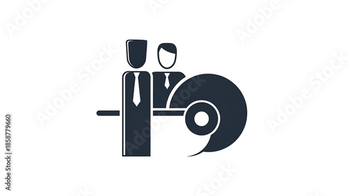 A dark blue icon featuring two stylized business figures interacting with a large gear or data disk shape