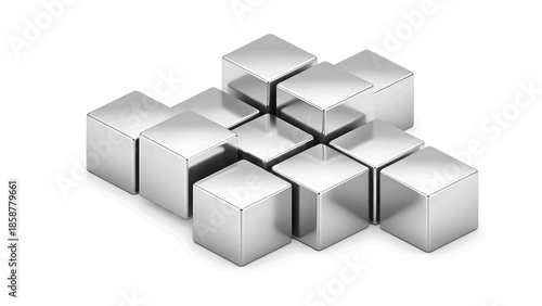 A cluster of gleaming silver cubes arranged in an abstract, irregular formation on a clean white background