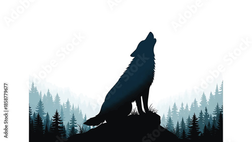 A dark silhouette of a wolf howling on a rock against a misty forest of pine trees