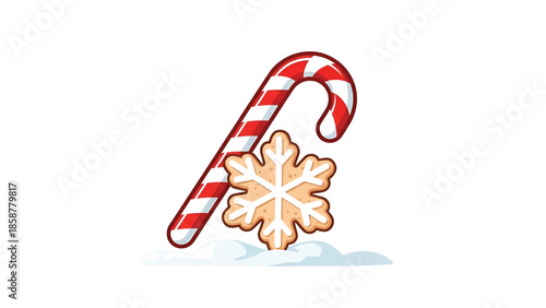 A festive illustration of a striped red and white candy cane next to a gingerbread snowflake cookie in snow