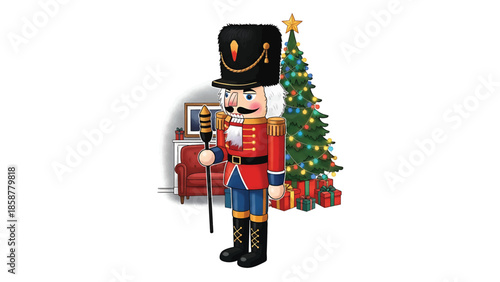 A festive nutcracker toy stands next to a decorated Christmas tree and gifts in a cozy room