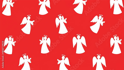 A festive red background adorned with a seamless pattern of white angel silhouettes, each with wings and a halo