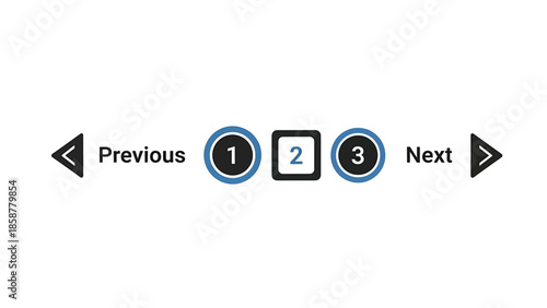 A flat design pagination bar showing 'Previous', 'Next' buttons and page numbers 1, 2, 3 with page 2 active