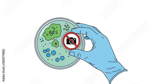 A gloved hand holds a petri dish with green and blue microbes and a "no camera" sign inside