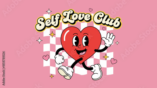Cartoon heart character waving in a checkered background with hearts and stars, representing self love and positivity