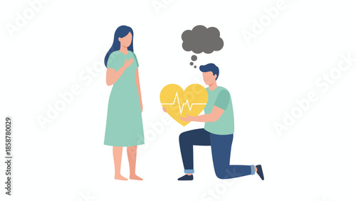 Man proposing to woman with a heart symbol, expressing love and commitment in a romantic gesture