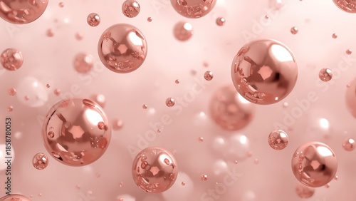 A close-up view of numerous pink bubbles of various sizes floating in mid-air against a soft pink background