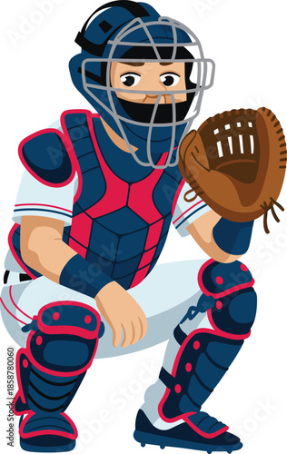 Baseball catcher wearing protective gear holding glove flat vector illustration sports athlete equipment cartoon character isolated white background design