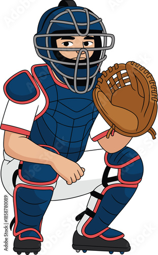 Baseball catcher wearing protective gear holding glove, flat vector illustration sports athlete equipment isolated white background professional cartoon design artwork
