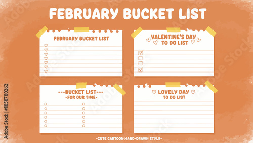 February bucket list template with valentine's day to-do list and lovely day checklist for couples displayed on an orange background