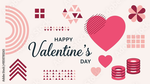Valentine's Day illustration featuring heart, flowers, and geometric shapes from a direct viewpoint