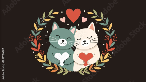 Two cartoon cats embracing in a heartwarming illustration surrounded by leaves and hearts