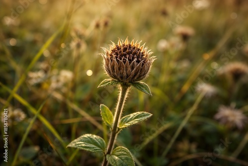 Close-up of a dried and withered sunflower seed head in a natural grassy field during late summer or autumn
