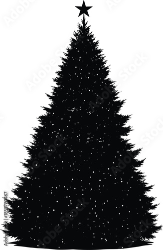 Black minimalist silhouette of a traditional Christmas tree with a star topper and sparkling snow details for festive winter holiday designs