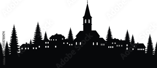 Black silhouette of a traditional European winter village with a church tower pine trees and small houses for festive holiday designs