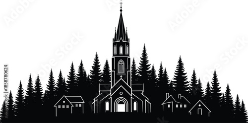 Gothic church and cozy village silhouette in pine forest, black Christmas winter scene background for festive greeting card, banner, landscape design vector illustration.