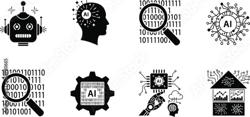 Artificial intelligence icons set featuring robot, human mind, data analysis, neural networks, processor chips, and digital technology symbols in black vector style