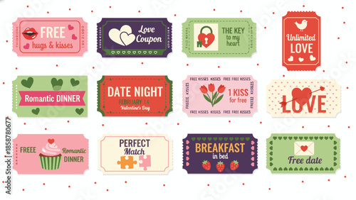Collection of romantic labels and tags on a pink polka dot background, showcasing various love and date night themes