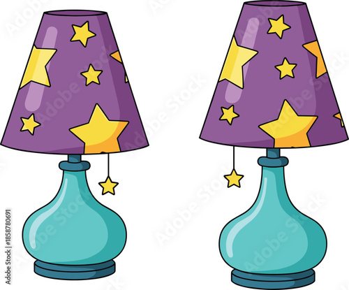 Cute cartoon bedside table lamps with star pattern shades colorful nursery decor vector illustration for kids room interior design art