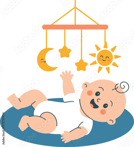 Cute baby lying on play mat with hanging moon stars sun mobile flat vector nursery illustration for kids room decor