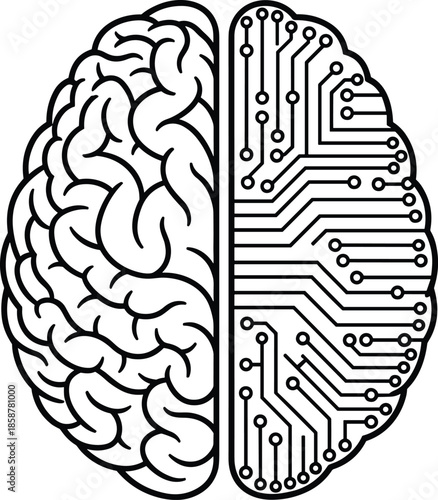 Human brain half organic half circuit illustration representing artificial intelligence, technology fusion, neural networks, digital mind concept in minimal black vector style