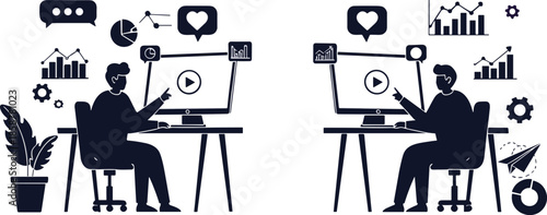 Silhouette content creators analyzing video marketing performance with analytics dashboards, social media engagement icons, and minimal black vector illustration design