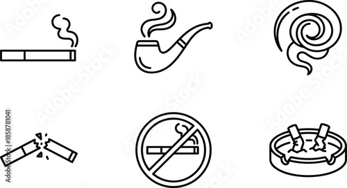 Smoking related line icons set showing cigarette pipe smoke ashtray broken cigarette no smoking symbol health awareness illustration concept design vector